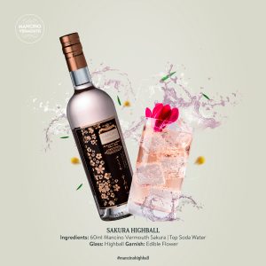 SAKURA HIGHBALL Ingrediente: 60ml Mancino Vermouth Sakura | Apă tonică Pahar: înalt Decor: flori comestibile