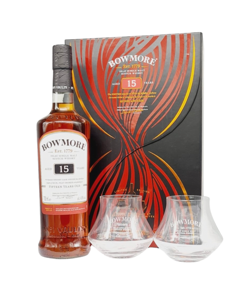 Bowmore Sherry Cask 15 Ani Whisky 0.7L + 2 Pahare Bowmore Sherry Cask 15 Ani Whisky 0.7L + 2 Pahare